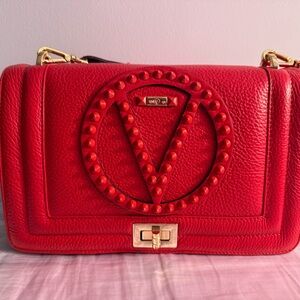 Valentino By Mario Valentino Red Studded V-Logo Shoulder Bag
